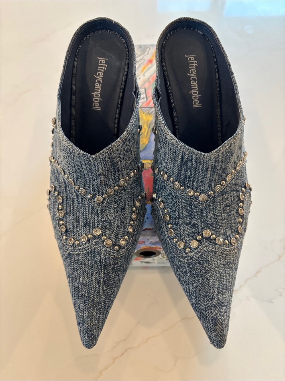 Jeffrey Campbell Grey Denim Studded Pointed-Toe Mules - Picture 7 of 9
